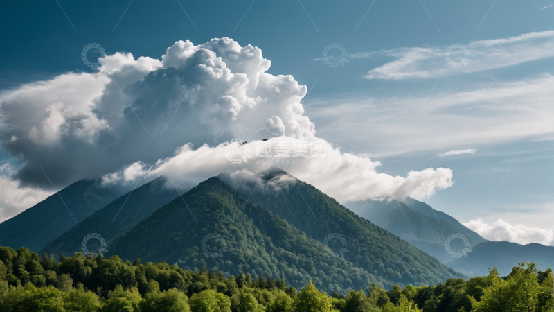 高清大图下载【趣麦麦图】山林间巍峨山峰与白云景观