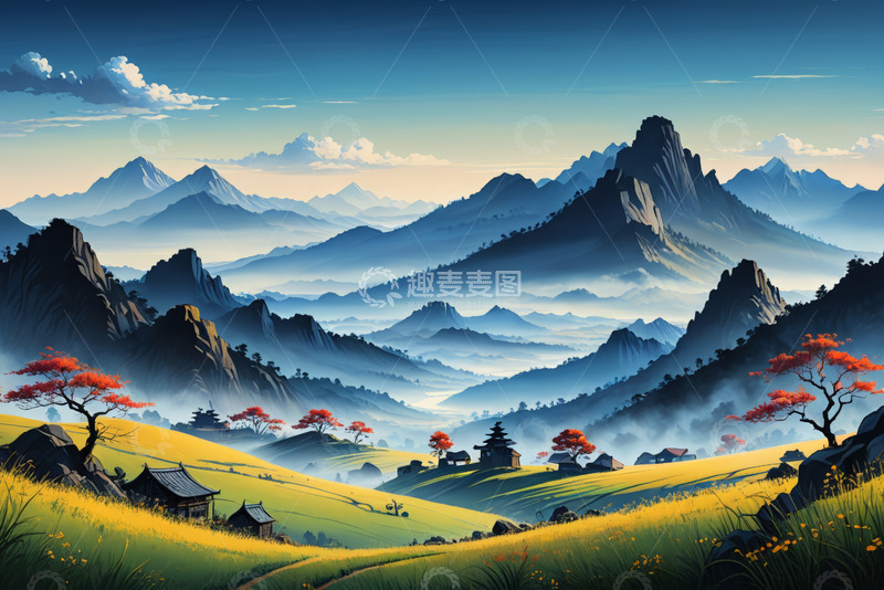 高清大图下载【趣麦麦图】山间田园风光全景