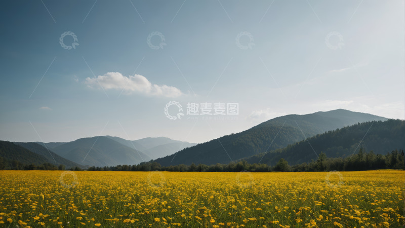 高清大图下载【趣麦麦图】户外黄色花田与远山风景