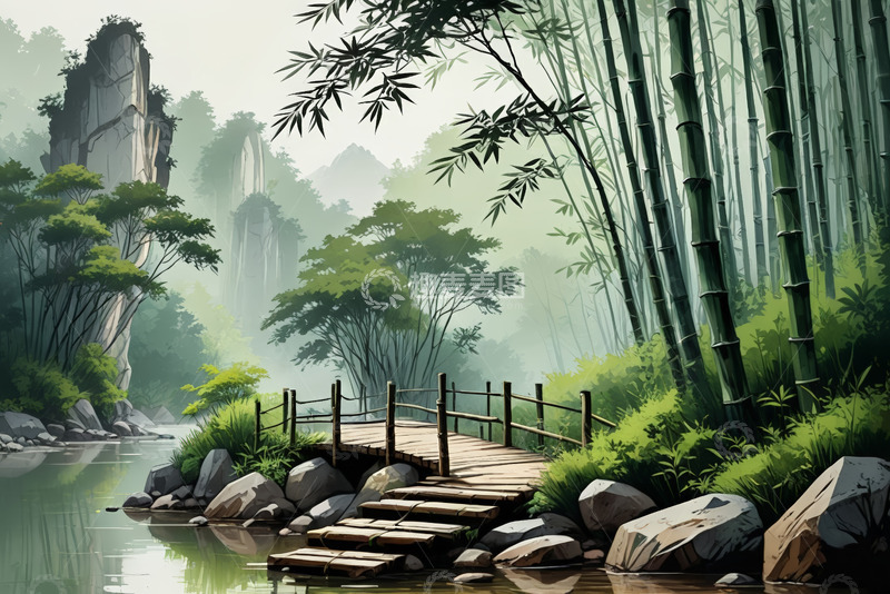 高清大图下载【趣麦麦图】竹林溪边木桥自然风景