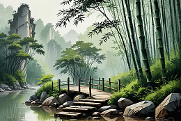 竹林溪边木桥自然风景
