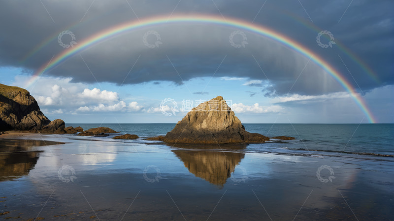 高清大图下载【趣麦麦图】海边彩虹与礁石景观