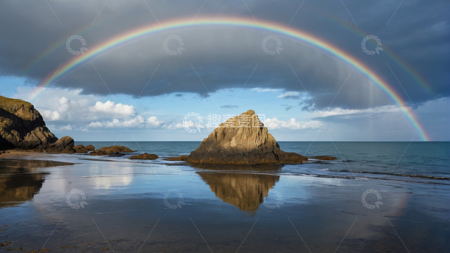 海边彩虹与礁石景观