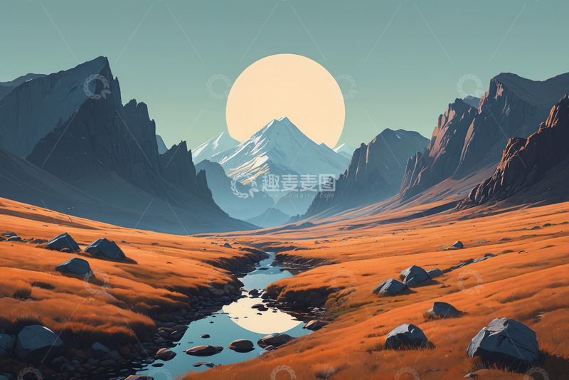 高清大图下载【趣麦麦图】山间落日下的河流与草地景观