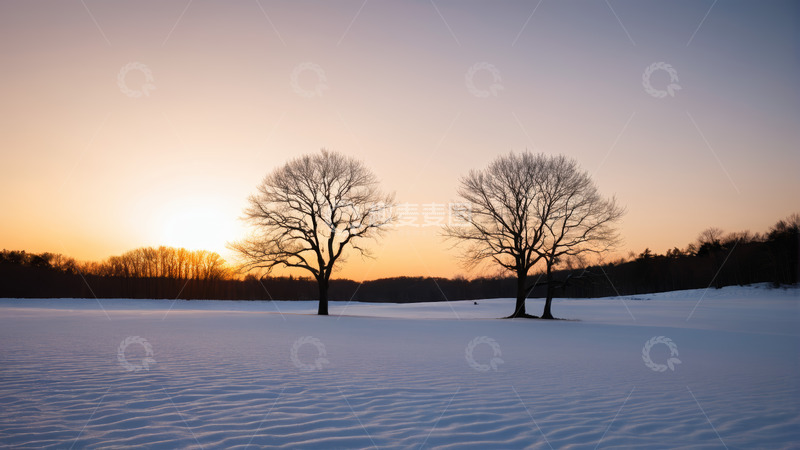 高清大图下载【趣麦麦图】雪地夕阳下的两棵树木