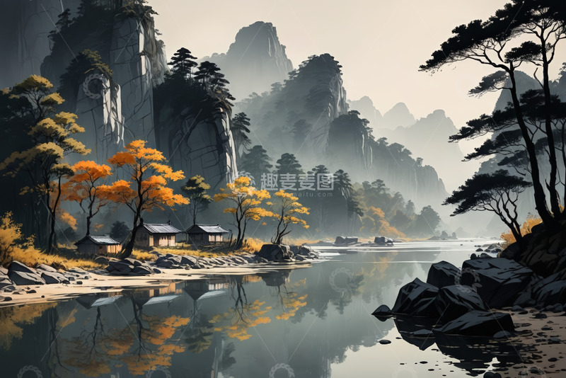 高清大图下载【趣麦麦图】山水间古朴村落秋景