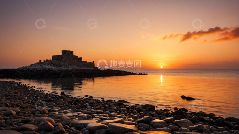 高清大图下载【趣麦麦图】海边日落时的古老建筑景观