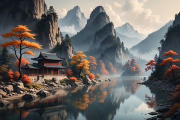 古风山水间的中式建筑风景