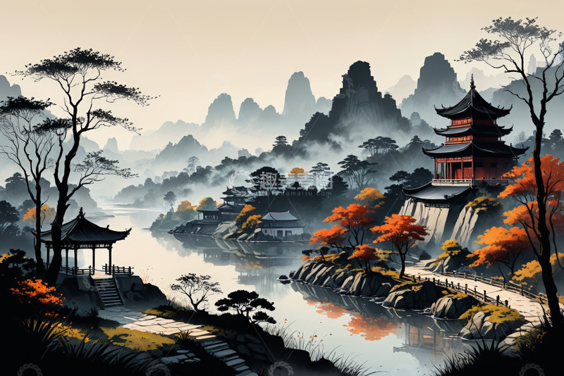 高清大图下载【趣麦麦图】中式古风山水楼阁风景