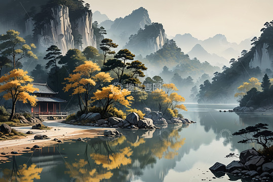 古风山水间的亭台楼阁景观