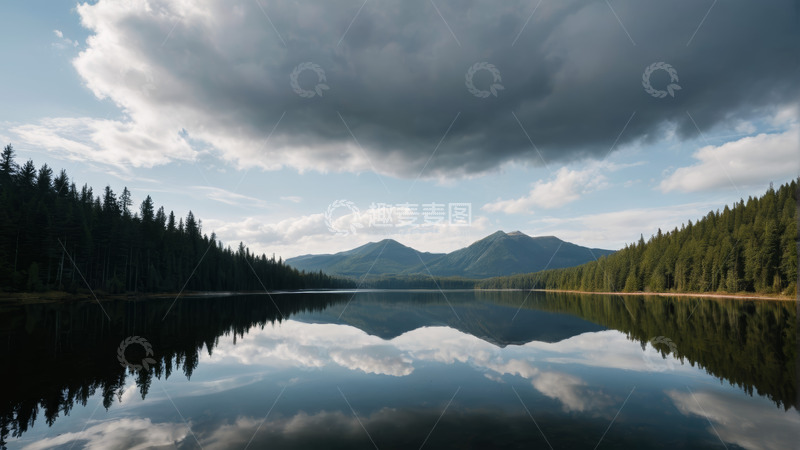 高清大图下载【趣麦麦图】森林湖泊与远山自然景观