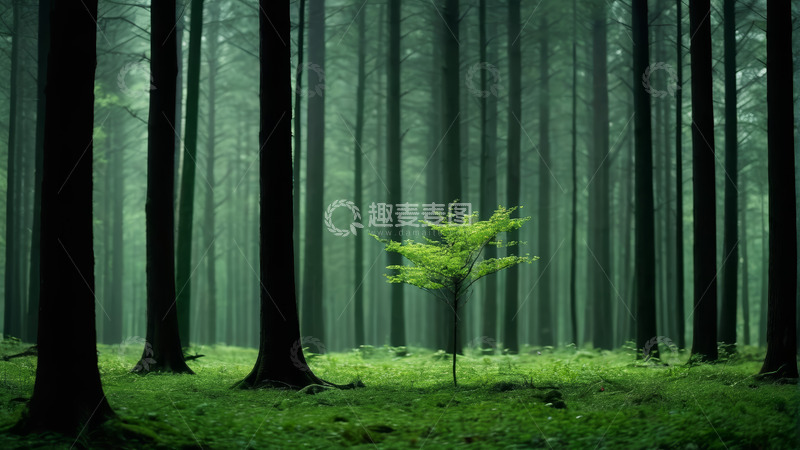 高清大图下载【趣麦麦图】森林中独棵嫩绿小树