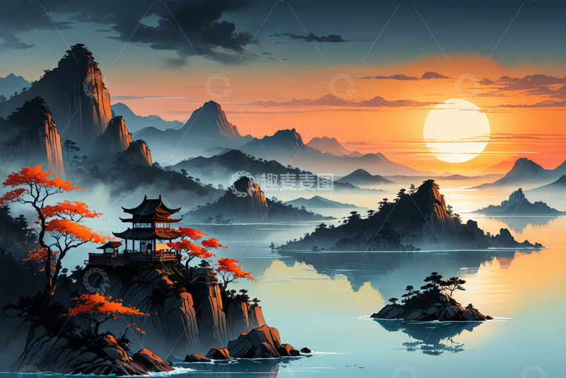 高清大图下载【趣麦麦图】中式山水夕阳景观