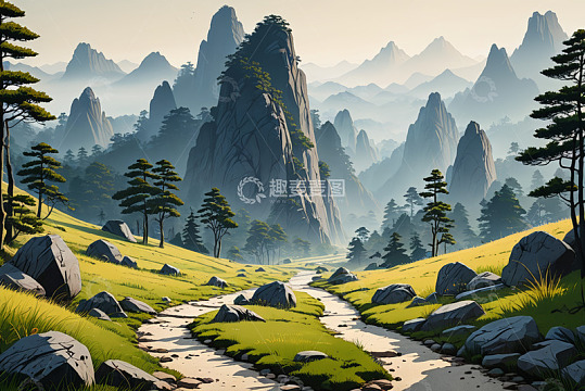 山间草地与蜿蜒小路风景