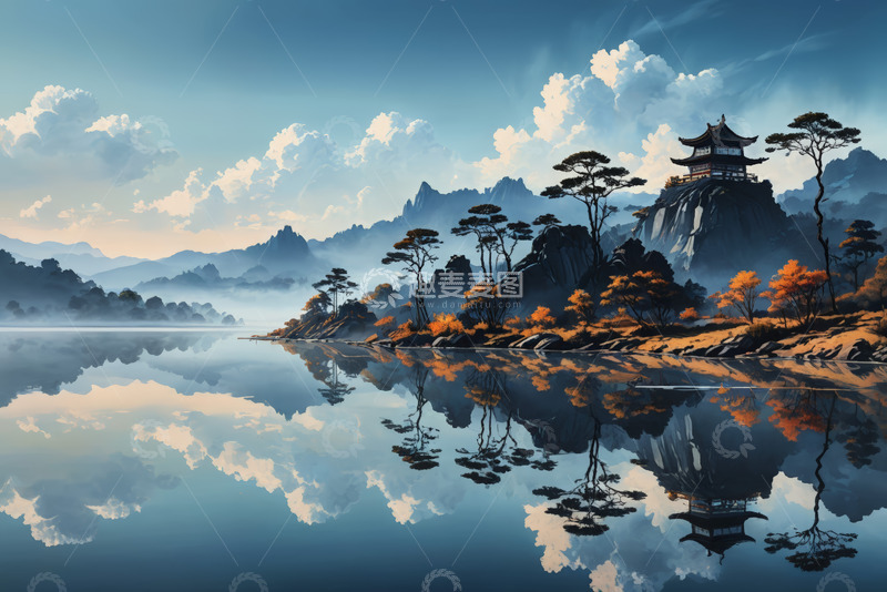 高清大图下载【趣麦麦图】山水间古亭自然风光