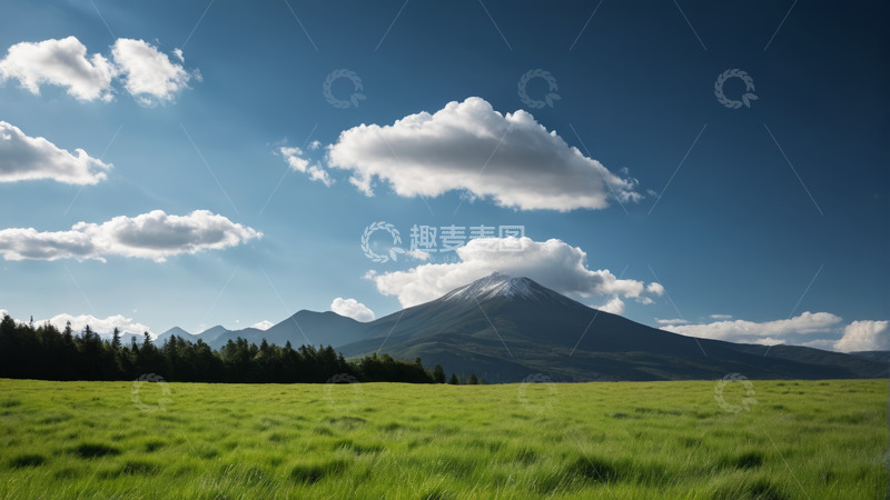 高清大图下载【趣麦麦图】草原远方雪山蓝天白云景象