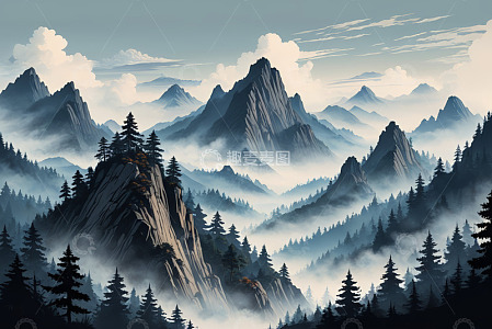 云雾缭绕的山林自然风光