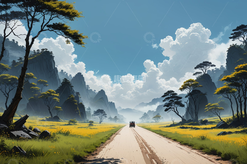 高清大图下载【趣麦麦图】田野山间公路上行驶的汽车