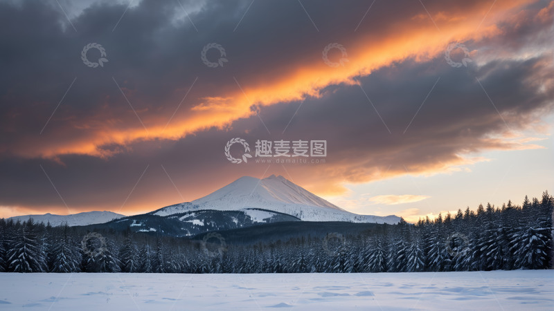 高清大图下载【趣麦麦图】雪覆山林与远山的黄昏景象
