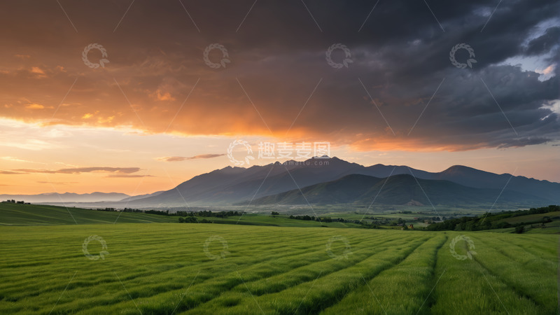 高清大图下载【趣麦麦图】原野上的日落与远山景观