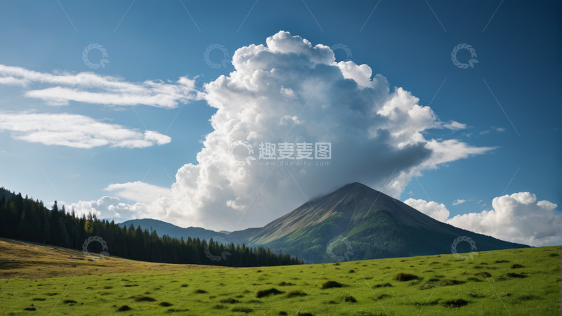 高清大图下载【趣麦麦图】草原山林与积云自然风光