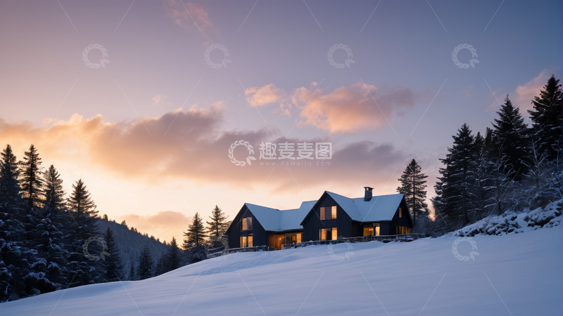 高清大图下载【趣麦麦图】雪中山间小屋黄昏景象