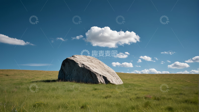高清大图下载【趣麦麦图】草原上的巨石与蓝天白云