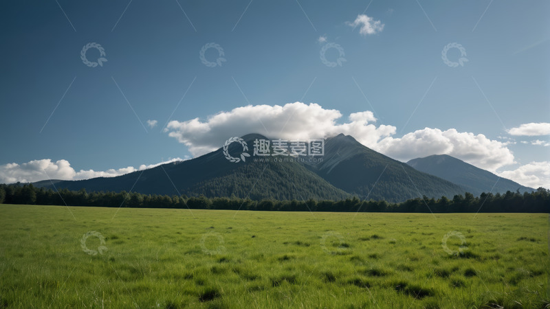 高清大图下载【趣麦麦图】草原上的远山与蓝天白云