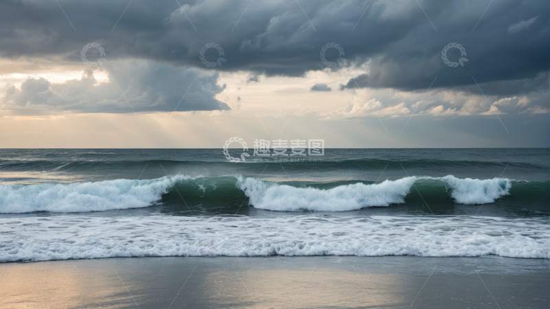 高清大图下载【趣麦麦图】海滩海浪与阴沉天空景象
