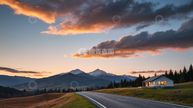 高清大图下载【趣麦麦图】黄昏公路旁山间小屋景色