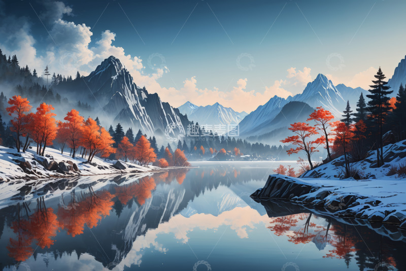 高清大图下载【趣麦麦图】雪山湖泊旁的秋日森林景观