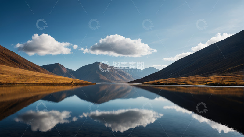 高清大图下载【趣麦麦图】平静湖水与远处山峦风景