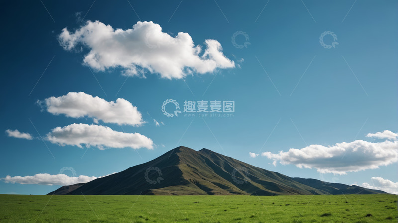 高清大图下载【趣麦麦图】蓝天白云下的草原与远山景观