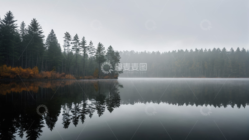 高清大图下载【趣麦麦图】雾中森林旁平静湖水景观