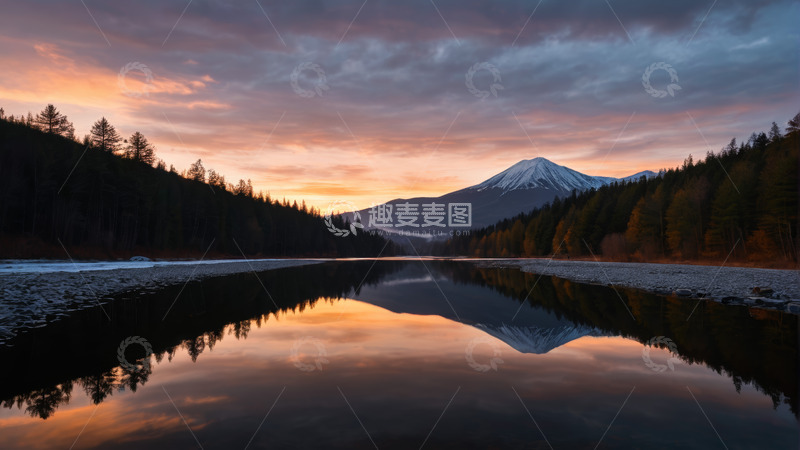 高清大图下载【趣麦麦图】湖畔山林日出美景