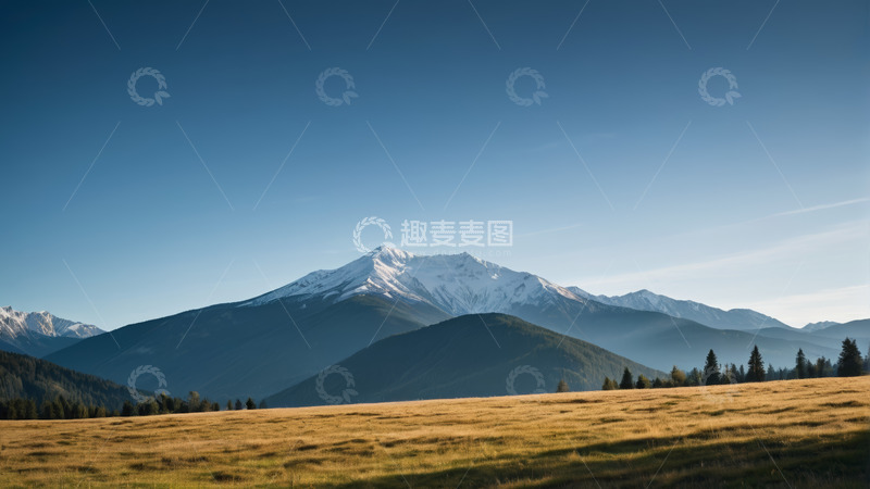 高清大图下载【趣麦麦图】雪山下的草原与森林景观