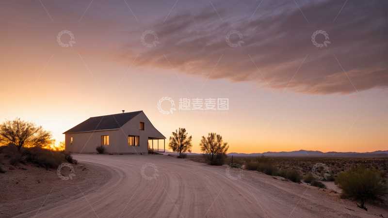 高清大图下载【趣麦麦图】沙漠中黄昏时的独栋房屋