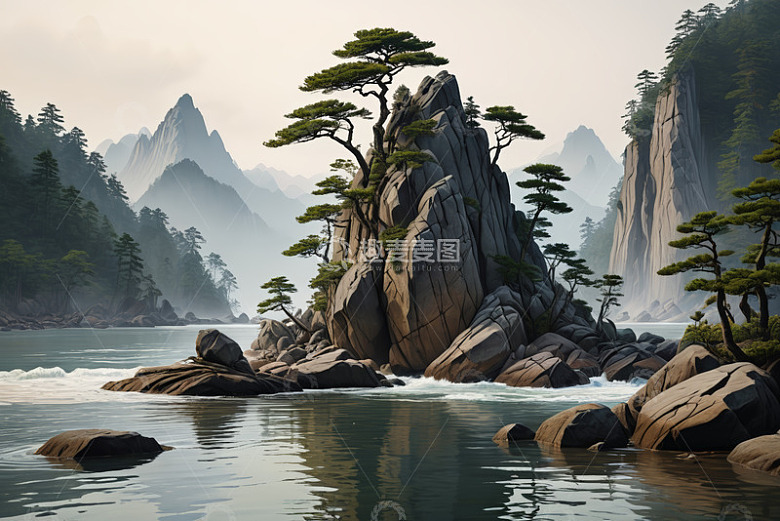 山水间孤岩与苍松风景