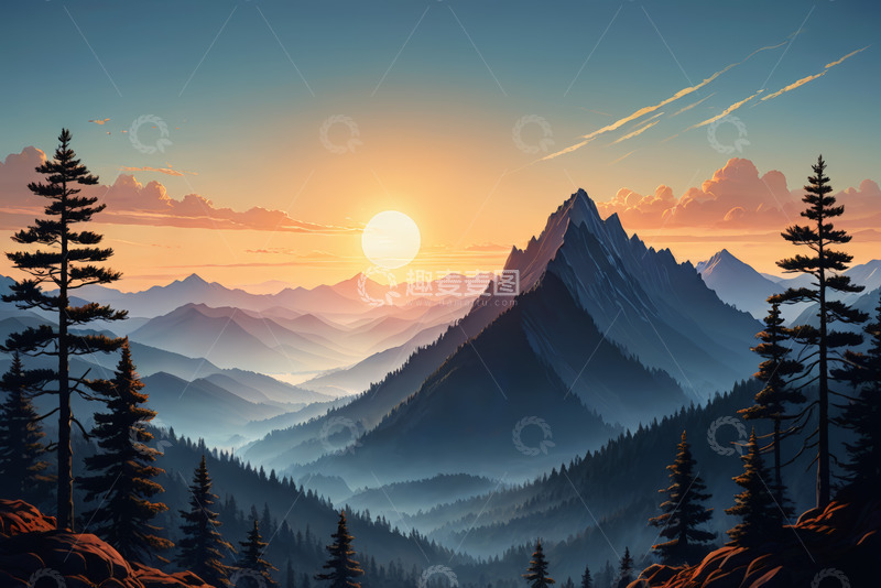 高清大图下载【趣麦麦图】山林间日出全景