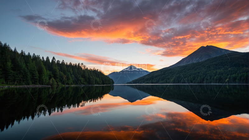 高清大图下载【趣麦麦图】山林湖泊日出倒影美景