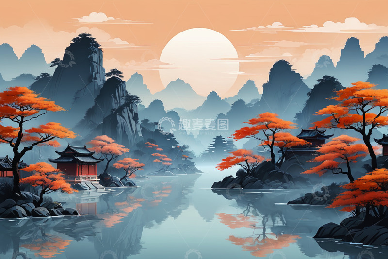 高清大图下载【趣麦麦图】中式山水夕阳风景