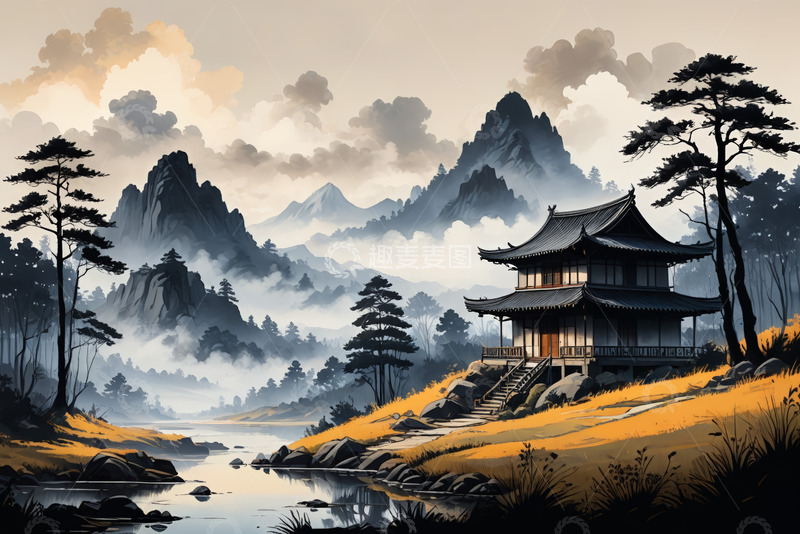 高清大图下载【趣麦麦图】中式山水古建筑风景