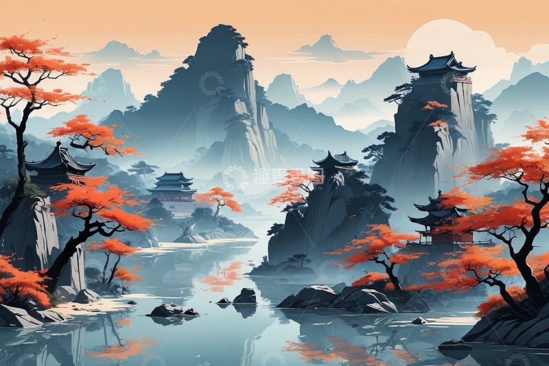 高清大图下载【趣麦麦图】古风山水与中式建筑景观