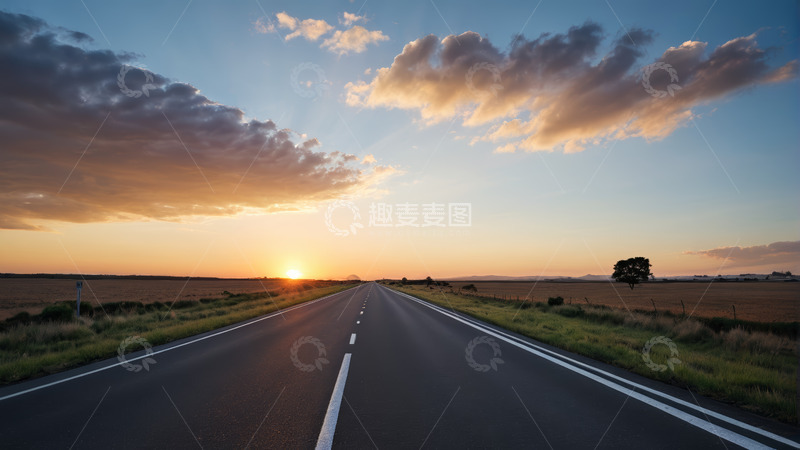 高清大图下载【趣麦麦图】夕阳下的宽阔公路风景