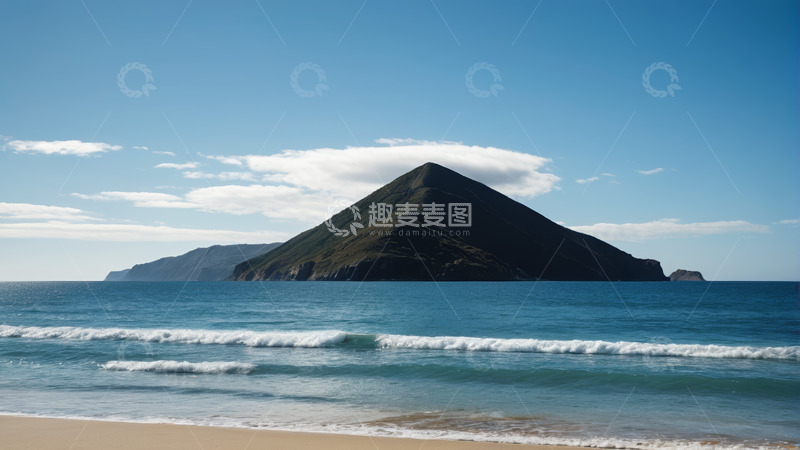 高清大图下载【趣麦麦图】海滩边远处的山与海洋景观