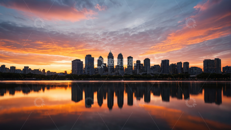 高清大图下载【趣麦麦图】城市日出天际线倒影景观
