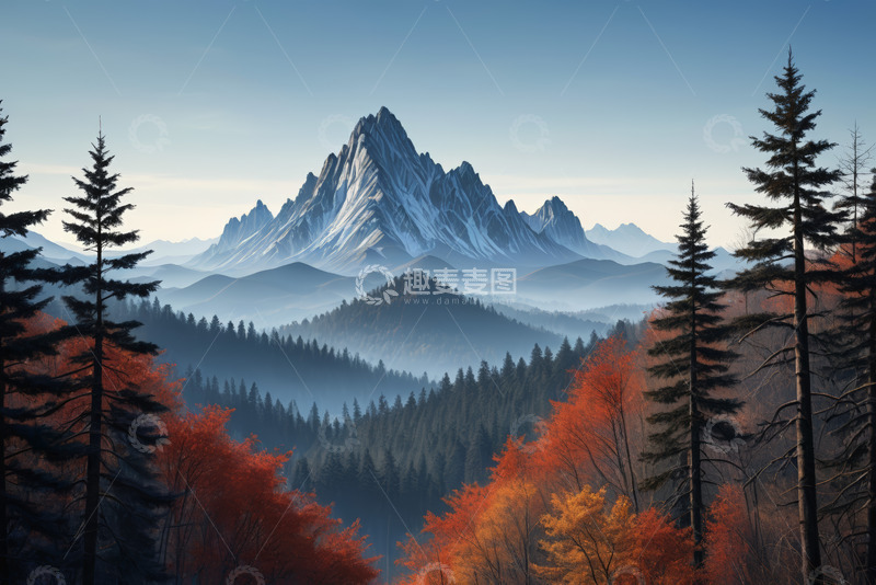 高清大图下载【趣麦麦图】山林间巍峨雪山远景