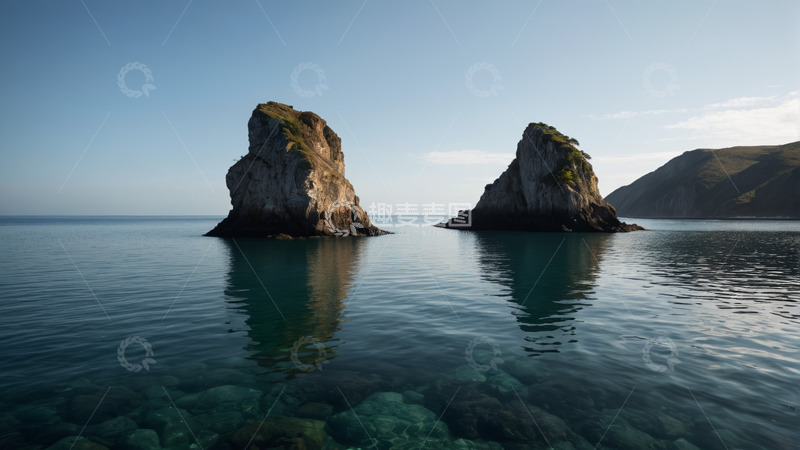 高清大图下载【趣麦麦图】海上矗立的两座岩石景观