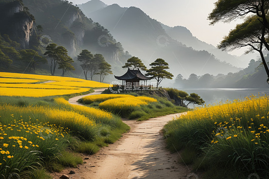 山间小道旁的金黄花田与古亭