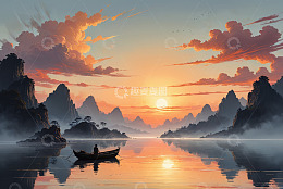 山水间孤舟夕阳景象
